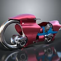 Futuristic Red and Blue Motorcycle Featuring Metallic Components Silver Ring Structure and Reflective Finish