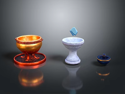 Decorative Household Items Orange Bowl Red Base White Mortar Blue Cube Dark Blue Jar Gold Trim 3d model