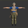3D Tactical Character With Helmet Blue Shirt Brown Vest Green Pants Knee Pads And Rifle