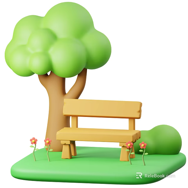 Garden Decor with Green Tree Wooden Yellow Bench Small Flowers and Green Grass 3d model 