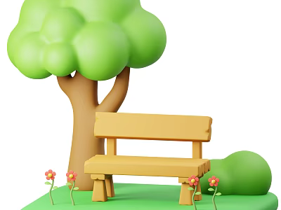 Garden Decor with Green Tree Wooden Yellow Bench Small Flowers and Green Grass 3d model