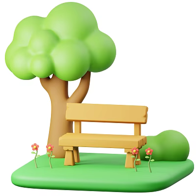 Garden Decor with Green Tree Wooden Yellow Bench Small Flowers and Green Grass 3d model