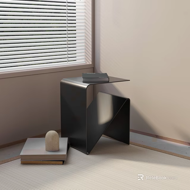 Modern Geometric Metal Side Table With Stacked Books And Decorative Stone Near Window Blinds 3d model 