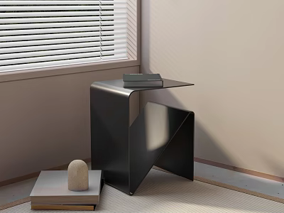 Modern Geometric Metal Side Table With Stacked Books And Decorative Stone Near Window Blinds 3d model