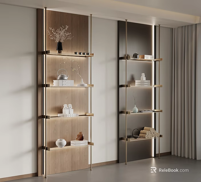 Modern Wooden And Metal Frame Shelves With Decorative Vase Books And Towels In Interior 3d model 