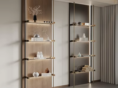 Modern Wooden And Metal Frame Shelves With Decorative Vase Books And Towels In Interior 3d model
