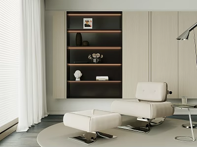Modern Living Room Leisure Chair With Ottoman Shelving Unit And Floor Lamp 3d model