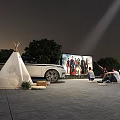 Garden Landscape with Outdoor Movie Screen White Cube Seats Teepee Tent and Nighttime Lighting