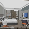 Modern Hotel Room Interior With Comfortable Bed White Bedding Sofa Colored Cushions TV And Desk