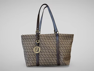 Stylish Tote Bag With Repeating Logo Pattern Brown And Black Leather Handles And Metal Charm 3d model