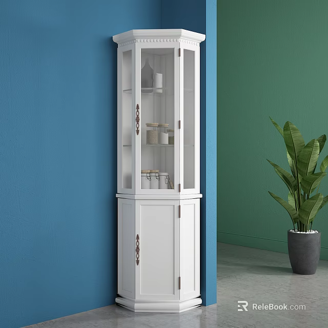 White Decorative Cabinet with Glass Doors and Shelves Against Blue Green Walls and Green Plant 3d model 