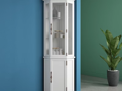 White Decorative Cabinet with Glass Doors and Shelves Against Blue Green Walls and Green Plant 3d model