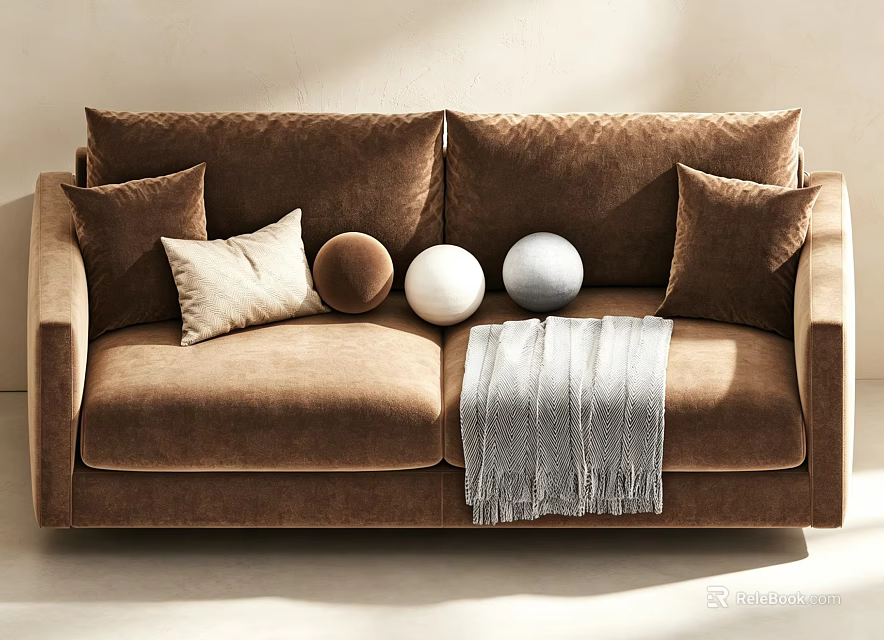 Cozy Brown Two Seater Sofa With Decorative Pillows Balls And Gray Blanket 3d model 