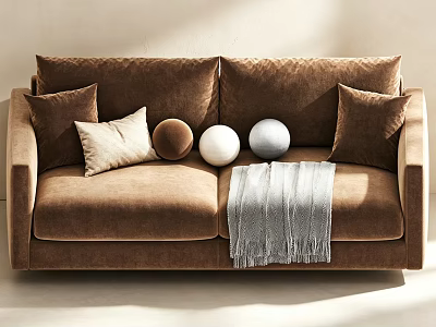 Cozy Brown Two Seater Sofa With Decorative Pillows Balls And Gray Blanket 3d model