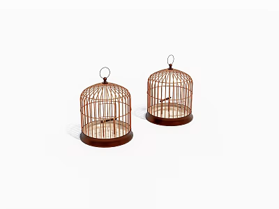 Two Decorative Wooden Birdcages With Metal Hooks And Dark Round Bases 3d model