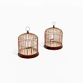 Two Decorative Wooden Birdcages With Metal Hooks And Dark Round Bases