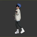 3D Model Character Wearing Blue Hat White Coat And Striped Shirt Holding Tablet Device