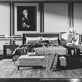 Double Bed Bedroom with Decorative Walls Bedside Painting Nightstands Table Lamps Plaid Blanket Bench