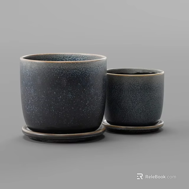 Modern Dark Ceramic Speckled Bonsai Pots With Trays And Different Sizes 3d model 