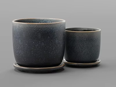 Modern Dark Ceramic Speckled Bonsai Pots With Trays And Different Sizes 3d model