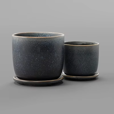 Modern Dark Ceramic Speckled Bonsai Pots With Trays And Different Sizes 3d model