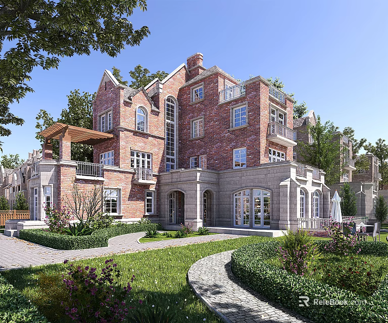 Semi Detached Villa Red Brick Exterior With Lush Garden Lawn Curved Pathway And Green Trees 3d model 