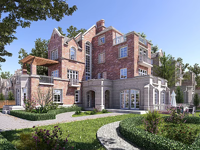 Semi Detached Villa Red Brick Exterior With Lush Garden Lawn Curved Pathway And Green Trees 3d model