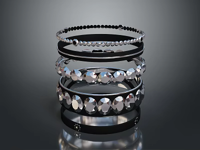 Elegant Black Bracelets Stacked With Sparkling Crystal Accents And Metal Bands 3d model