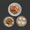 Traditional Chinese Food in Bamboo Steamers with Dumplings Braised Meat and Cold Vegetable Dish