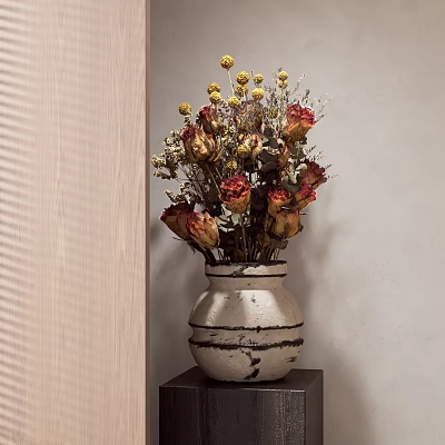 Ceramic Striped Vase with Dried Roses and Yellow Flowers on Dark Wooden Shelf 3d model