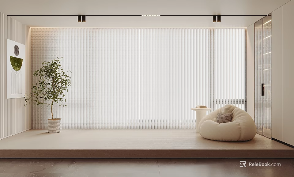 White Vertical Striped Curtains in Modern Minimalist Interior with Potted Plant and Bean Bag Chair 3d model 
