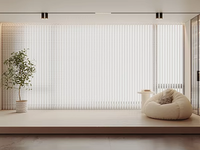 White Vertical Striped Curtains in Modern Minimalist Interior with Potted Plant and Bean Bag Chair 3d model