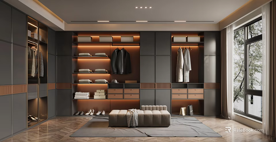 Modern Walk In Closet Interior Design With Dark Cabinets Hanging Clothes And Bench 3d model 