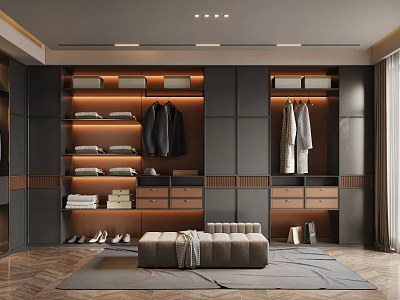 Modern Walk In Closet Interior Design With Dark Cabinets Hanging Clothes And Bench 3d model