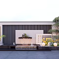 Modern Garden Wall Design With Yellow Circular Patterns White Lattice Panel Fountain And Greenery