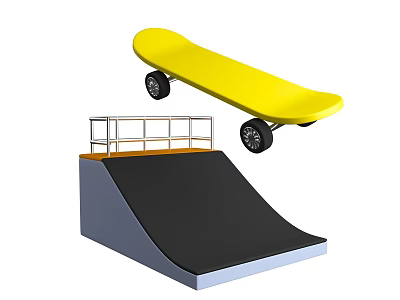 Yellow Skateboard Sports Equipment With Black Ramp And Metal Rail Structure 3d model