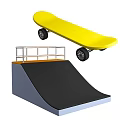 Yellow Skateboard Sports Equipment With Black Ramp And Metal Rail Structure