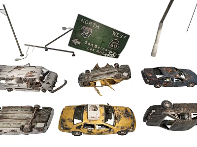 Abandoned Rusty Wrecked Cars With Broken Bodies And Old Damaged Parts 3d model