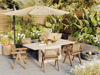 Outdoor Patio Rattan Dining Table And Chairs Set With Umbrella And Lush Green Plants 3d model