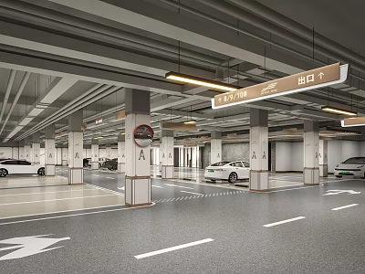 Spacious Underground Parking Garage With Clear Floor Markings Arrows Parked Cars And Signage 3d model