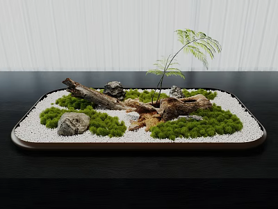 Bonsai Landscape in Tray with White Pebbles Green Moss Stones Wood Log and Fern Plant 3d model