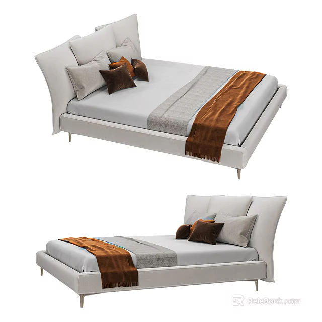 Modern Light Gray Double Bed Frame With Brown Gray Pillows And Blanket 3d model