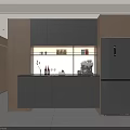 Modern Kitchen Sideboard With Black Cabinets Drawers Open Shelves For Wine Glasses Coffee Machine