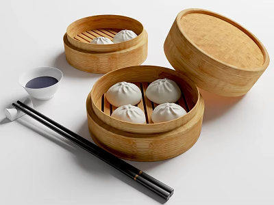 Delicious Steamed Buns In Bamboo Steamers With Soy Sauce And Chopsticks 3d model