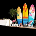 Tropical Tea Break Area In Haitang Bay Sanya With Coconut Snacks Flamingo Decor And Surfboards