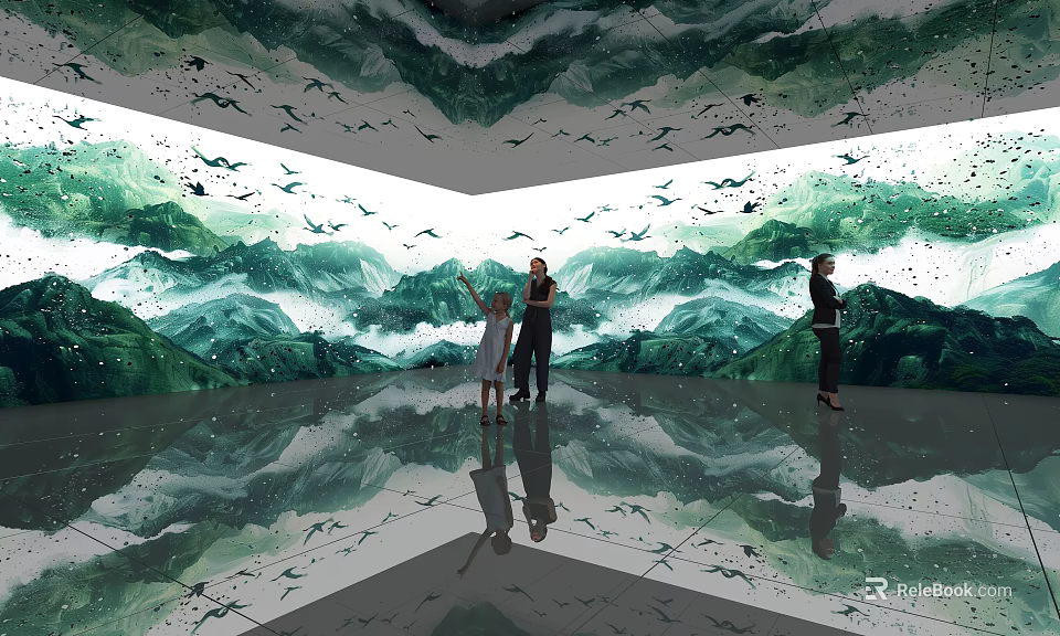 Interior Art Installation Featuring Green Mountain Landscape Flying Birds And Reflective Floor 3d model 