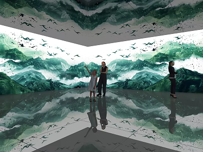 Interior Art Installation Featuring Green Mountain Landscape Flying Birds And Reflective Floor 3d model