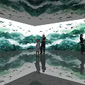 Interior Art Installation Featuring Green Mountain Landscape Flying Birds And Reflective Floor