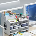 Office Desk Folder Organized in White Rack With Globe Calculator Notebook Watermelon and Stationery