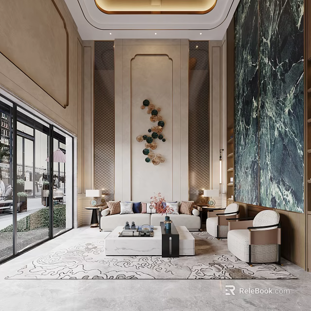 Elegant Modern Living Room Interior With Sofa Coffee Table Large Windows And Decorative Wall Art 3d model 